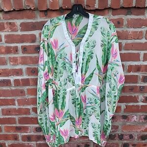 TiniBikini Tropical Leaf & Pink Floral Sheer Swim Coverup